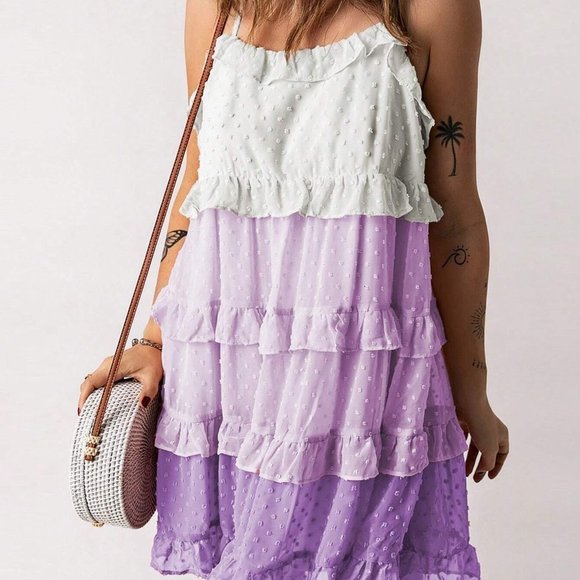 . Dresses & Skirts - Multicolor Boho Womens Swiss Dot Ruffle Trim Layered Hem Cami Dress